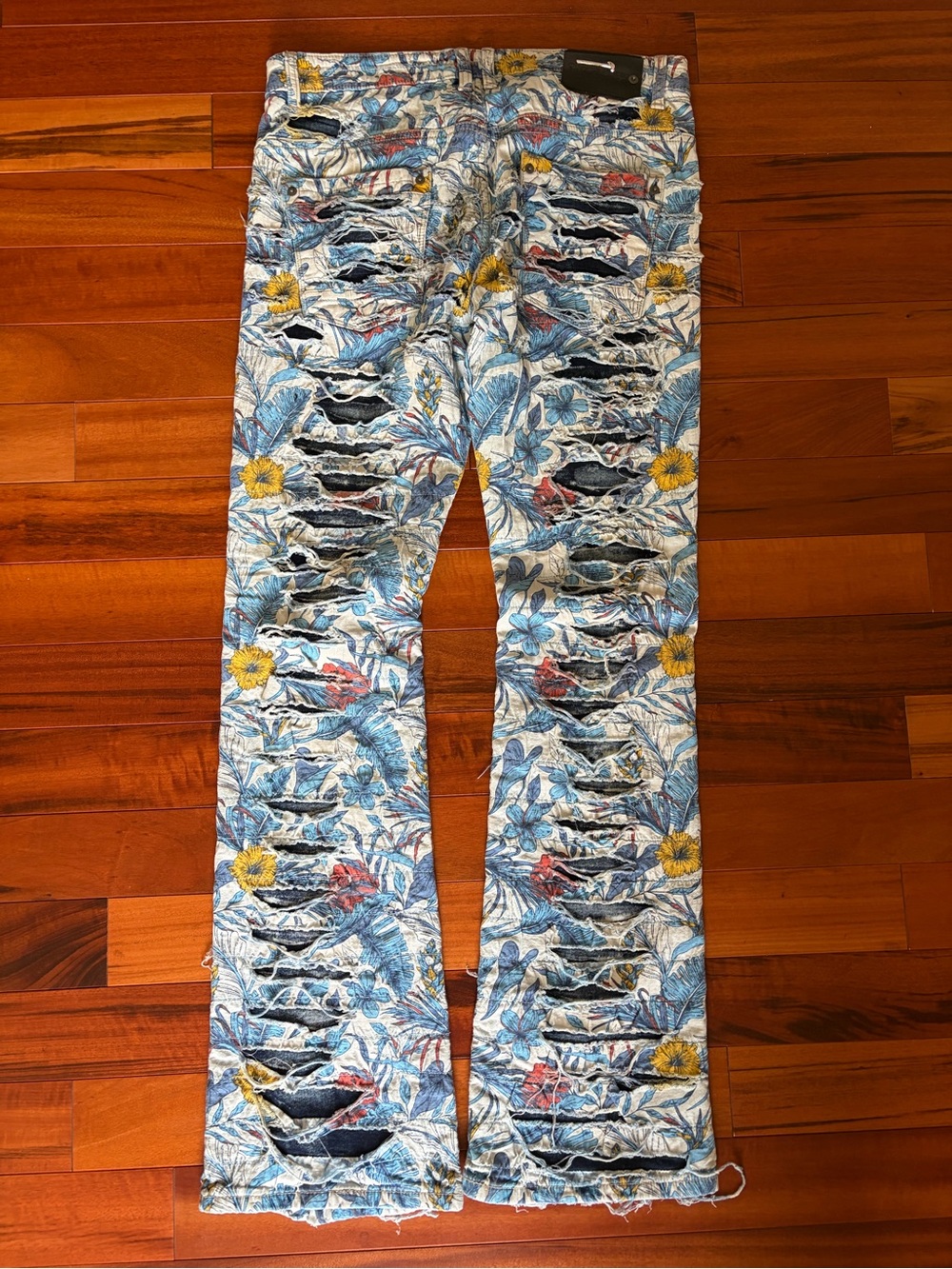 Floral Distressed Blue Men's Jeans - Picture 3 of 4